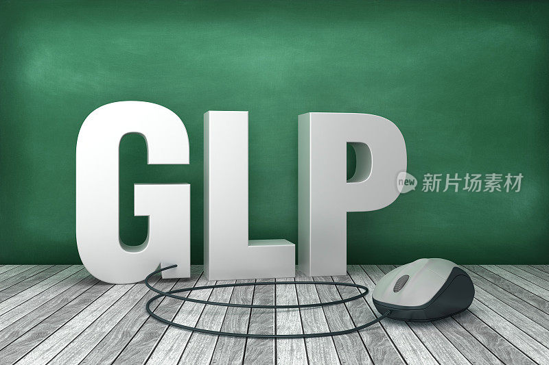 3D Word GLP与计算机鼠标在黑板背景- 3D渲染